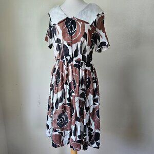 L'Aiglon‎ Vintage 50s 60s Lightweight Cotton Brown Black Floral Day Dress L